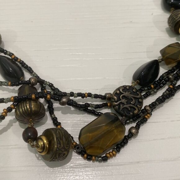 Coldwater Creek 5 Strand Asymmetrical Beaded Necklace In Black And Gold Tone - Picture 6 of 10